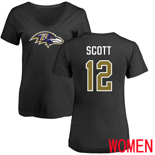 Baltimore Ravens Black Women Jaleel Scott Name and Number Logo NFL Football #12 T Shirt